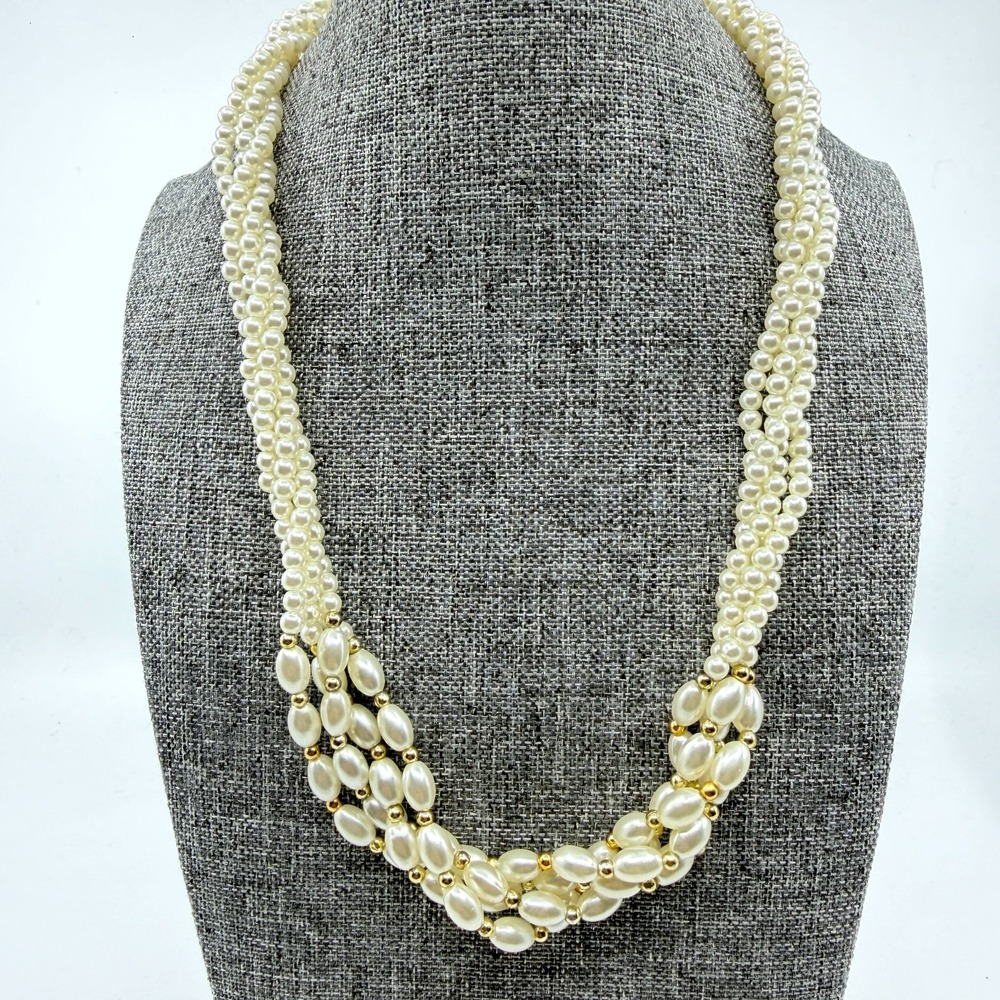 Cream Faux Pearl Triple Strand Necklace Gold Tone Coquette Wedding Statement